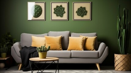 Cactus paintings and hexagons hang over cozy sofa
