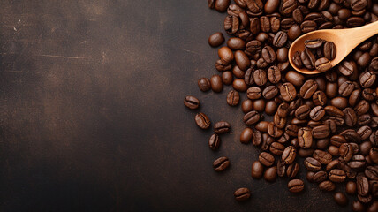 Top view of roasted coffee beans scattered on a dark textured surface with a wooden spoon
