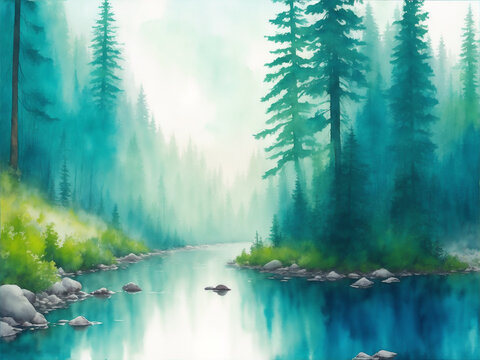 Watercolor forest landscape, forest river, watercolor painting