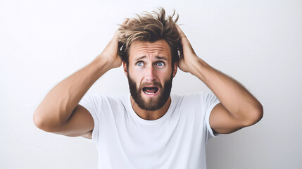 Naklejka premium Brunette haired young man with beard wearing orange T-shirt standing with mouth open surprised or shocked expressions, his hands-on head isolated on white background. Close up and studio photo concept