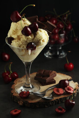 Ice cream scoops in an ice cream bowl with chocolate and cherry
