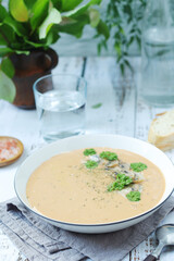 A bowl with mushroom cream soup	