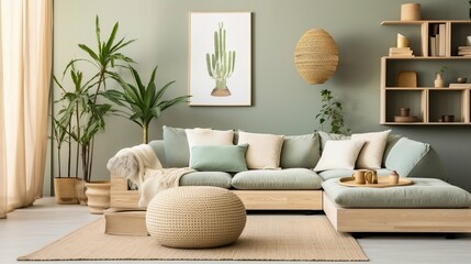 Stylish Scandinavian living room with green velvet sofa