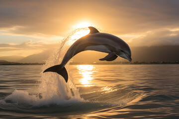 A playful dolphin jumps creating a water ring in the ocean during sunset. wallpaper concept. 