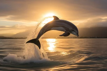 Foto op Plexiglas A playful dolphin jumps creating a water ring in the ocean during sunset. wallpaper concept.  © Dinusha