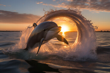 A playful dolphin jumps creating a water ring in the ocean during sunset. wallpaper concept. 
