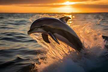 dolphin in the sea during sunset.  - obrazy, fototapety, plakaty