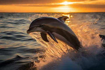 Schilderijen op glas dolphin in the sea during sunset.  © Dinusha
