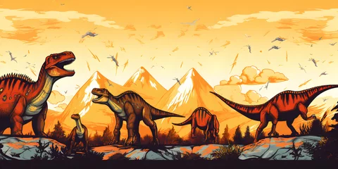 Tuinposter Dinosaurs in nature  with sunset background © Natalina