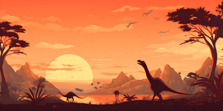 Dinosaurs in nature with sunset background © Natalina