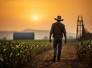 Fototapeta premium a farmer strides confidently through a corn field, the early dawn light casting a gentle glow over the tall stalks