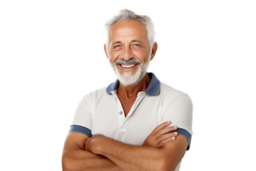 Portrait studio shot of an attractive, healthy senior man smiling relaxedly isolated on transparent png background.