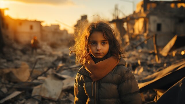 Young dirty girl standing in a destroyed alleyway in front of wreckage, generative ai