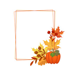 Thanksgiving day frame. Composition of pumpkin, autumn leaves, rowan and mushrooms. Postcard for text, vector