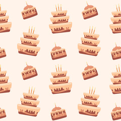 Seamless pattern, holiday cakes with holiday candles, pieces of cakes, delicious desserts, pastries, cupcakes. Food background, menu, vector