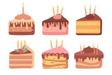 Delicious desserts, pastries, cupcakes, birthday cakes with holiday candles. Set of colorful birthday cakes. Vector