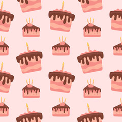 Seamless pattern, holiday cakes with holiday candles, pieces of cakes, delicious desserts, pastries, cupcakes. Food background, menu, vector