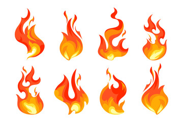 Set of icons of fire, flame. Various burning flames. Fire flame, hot flaming elements. Bonfire. Decorative elements. Collection of bright icons, vector