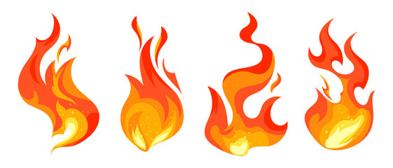 Set of icons of fire, flame. Various burning flames. Fire flame, hot flaming elements. Bonfire. Decorative elements. Collection of bright icons, vector