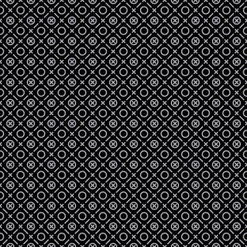 Seamless surface pattern with symmetric ornament. Grey dashes, crosses and circles abstract on black background. Grid motif. Ethnic wallpaper. Digital paper for web design. Vector art illustration