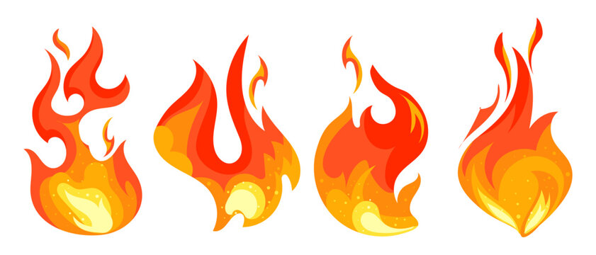 Set of icons of fire, flame. Various burning flames. Fire flame, hot flaming elements. Bonfire. Decorative elements. Collection of bright icons, vector