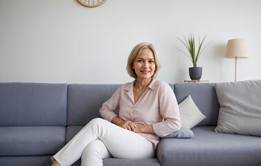 Smiling middle aged mature grey haired woman looking at camera, happy old lady posing at home indoor, positive single senior retired female sitting on sofa in living room. Generative AI