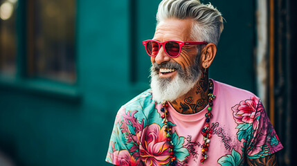 Elderly man with tattoos winking and smiling despite stomachache, blue background.