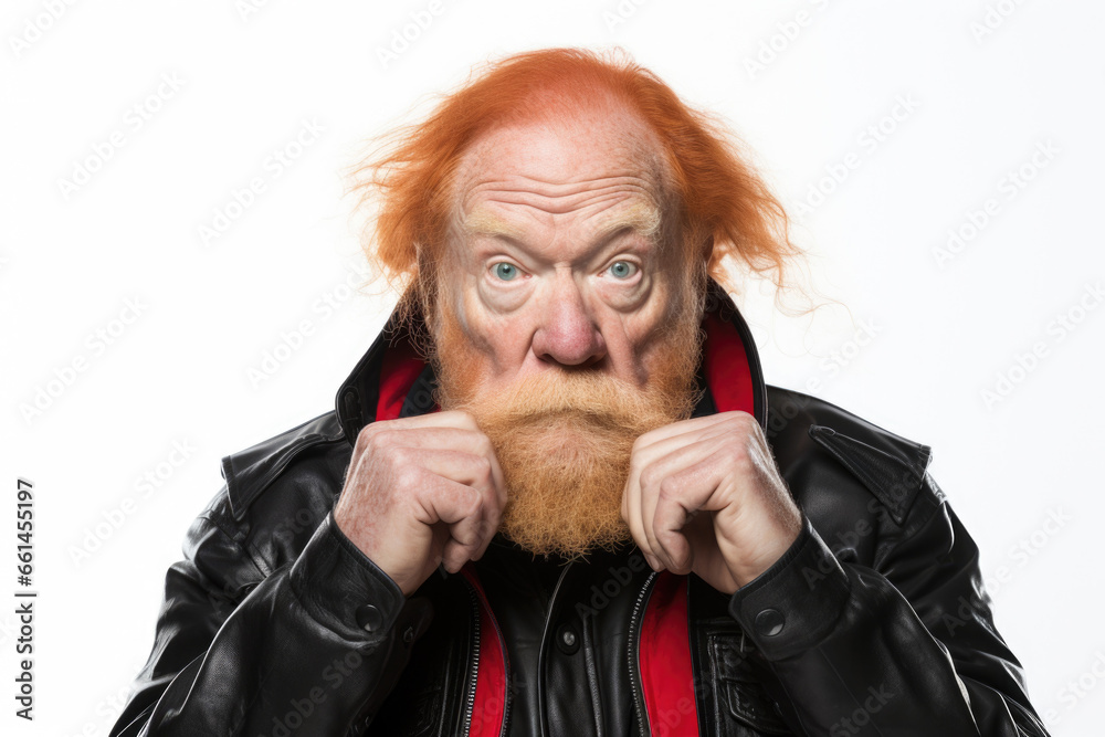 Poster A picture of a man with a beard wearing a leather jacket. This versatile image can be used to depict a rugged and stylish individual in various contexts.