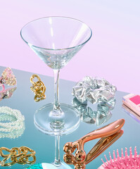 Girls beauty party. Leisure self care. Jewelry and facial massage roller.