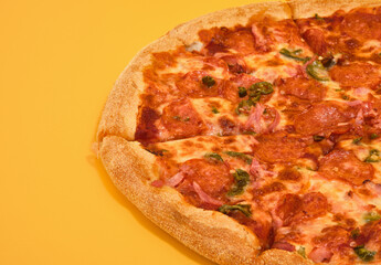 Fresh hot pizza and a friendly lunch. Sausage, tomatoes and peppers.