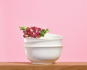 Luxury clean tableware on a pink background. Berry branch.
