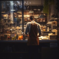 Man Working in a Coffee Shop, a City reflected in a Window.