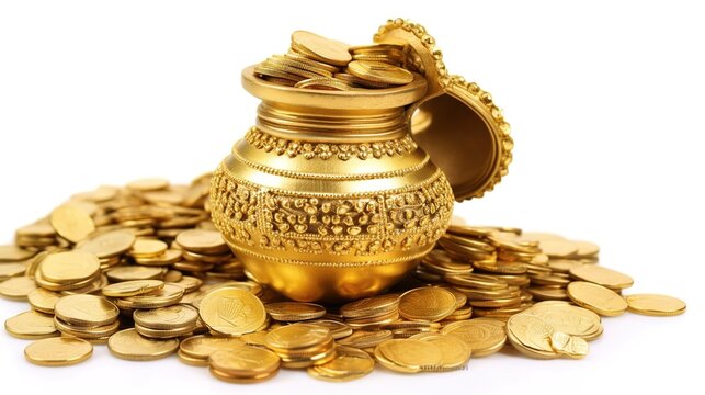 Dhanteras, Akshaya Tritiya, Golden kalash and coins, Generative ai