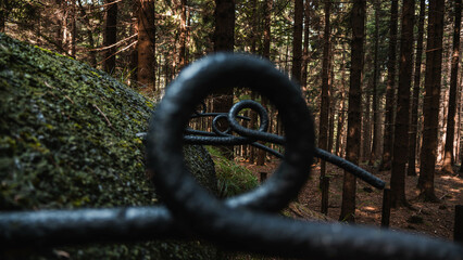 Detail of iron pig tails on cocnrete bunker in deep forest. Orlicke hory. - obrazy, fototapety, plakaty