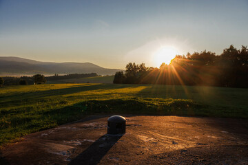 Landscape of czech mountains with fortification during sunrise. Orlicke hory. - obrazy, fototapety, plakaty