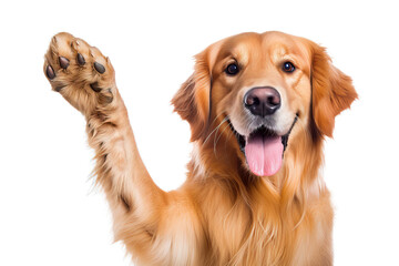 Golden retriever giving high five isolated on transparent background. Dog giving high five. - obrazy, fototapety, plakaty