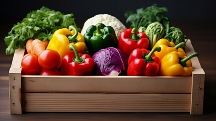 Fresh Vegetables in wooden box on white wooden background
