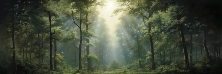 Rolgordijnen Forest's dawn ballet: sunbeams and morning mist in a tranquil green setting banner © olga_demina