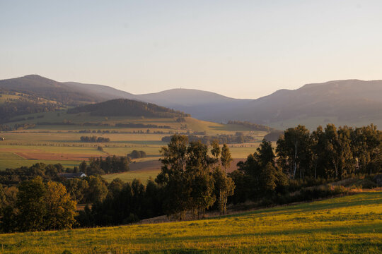 Beautiful landscape of czech mountains during sunrise. Orlicke hory.