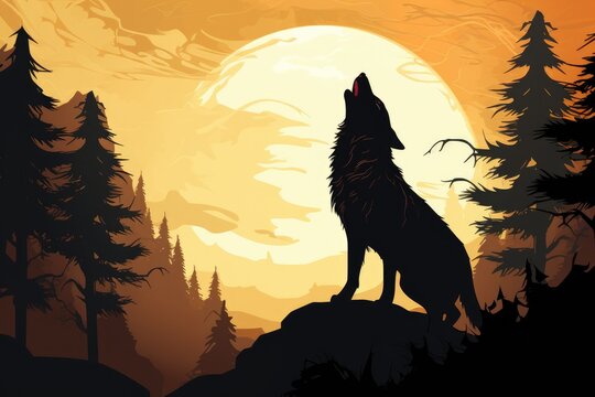 drawn silhouette of a wolf howling at the moon on an orange background with forest outlines