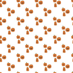 Seamless pattern with three Halloween pumpkins. Color vector flat illustration.