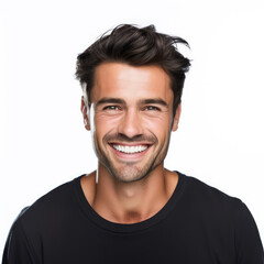 casual man with dark hair smiling at the camera, white background, happy, dental, handsome