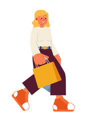 Caucasian lady with shopping bags semi flat color vector character. Shopaholism. Buying stuff. Editable full body person on white. Simple cartoon spot illustration for web graphic design