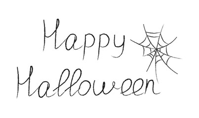 Hand written Happy Halloween text with spiderweb. Black and white vector illustration.