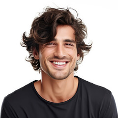 casual man with dark hair smiling at the camera, white background, happy, dental, handsome