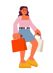 Attractive positive consumer semi flat color vector character. Woman with purchases. Shopping. Editable full body person on white. Simple cartoon spot illustration for web graphic design