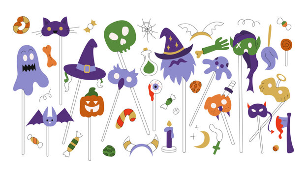 Large set with carnival masks from the Halloween party. Color doodle vector illustration.