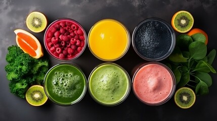 Multicolored smoothies and juices from vegetables, fruits and berries
