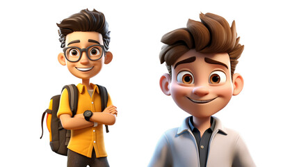 Cartoon 3d style cheerful school boy characters. Isolated background. Transparent PNG