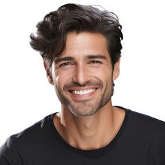 casual man with dark hair smiling at the camera, white background, happy, dental, handsome